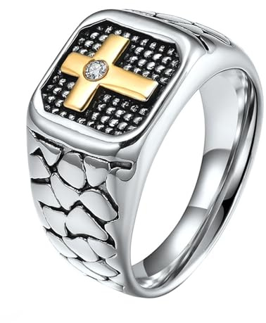 Calefee Männer Ringe Schlicht Ehering, Ringe für Herren mit Gravur Edelstahl Siegelring Breit 12 mm mit Kreuz Und Zirkonia, gr. 54