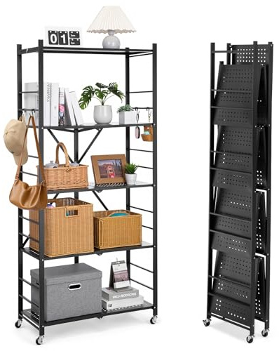VEVOR Scaffale Portaoggetti Pieghevole a 5 Ripiani con Ruote, 360 x 810 x 1830 mm, Scaffale in Metallo Pieghevole, Robusto Resistente Senza Montaggio, per Garage, Cucina, Cantina Nero