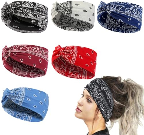 JYNVO 6 PCS Vintage Blumenmuster Strick - Haarband - Schwarz, Rot, Marineblau, Weiß, Hellblau, Bordeaux - Haaraccessoire für Alltag und Frisuren