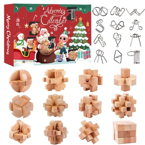 Adventskalender 2025 Knobelspiele für Erwachsene & Kinder, 24 Tage von Weihnachtskalender Countdown mit Metall Knobelei und 3D Holzk Puzzle, Weihnachts Geschenke für Jungen Mädchen Teenager