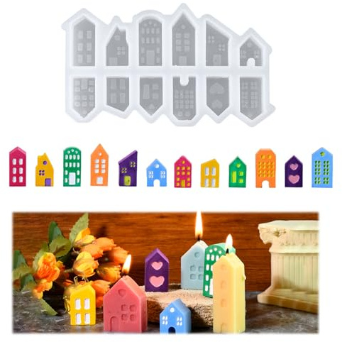 Stampi Candela in Silicone per Natale, 12 Stampi in Silicone a Forma di Casetta, Stampo in Silicones per Colata Case, 3D Stampi per Candele Natale, per Realizzare Candele, Saponi, Aromaterapia (A)
