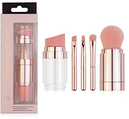 Sonew Set di pennelli trucco viaggio, 5 in 1, mini pennelli trucco, portatili, multifunzionali, portatili, per fondotinta, cipria, ombretto, sopracciglia, labbra (placcato oro rosa)