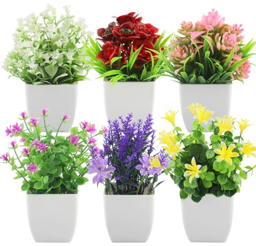 RobLuX 6 Stück Künstliche Pflanzen Wie Echt Kunstblumen Im Topf Kreativ Kunstpflanzen Klein 6 Farben Deko Pflanzen Ornamente Fake Blumen für Zuhause Büro Cafe Balkon Garten Innen Außen Deko