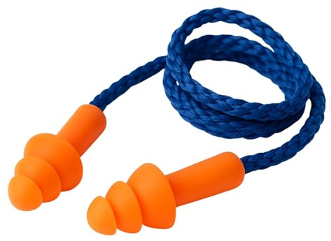 Lot 80 paires bouchons d’oreille anti-bruit avec cordon bleu 58 cm – silicone, triple collerette – orange haute visibilité – réduction du bruit jusqu’à 50% – atelier, chantier, concert, sommeil
