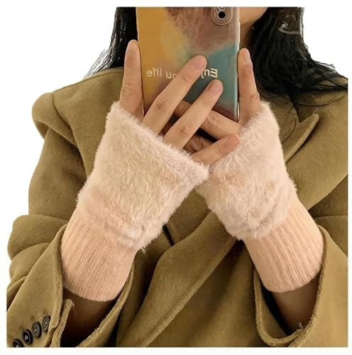 Waltonalice Dicke warme Touchscreen Handschuhe Plüsch pulswärmer Damen Strickhandschuhe Kurzer Halb Handstulpen Fingerless Gloves warm Armstrumpf Handschuhe Fingerlose Handschuhe für Tippen Rosa