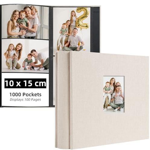 Remowith Fotoalbum Einsteckalbum 10x15 cm Photo Album für 1000 Fotos im Hoch- und Querformat Fotoalbum Groß mit Stoffcover und Fenster Ideal für Hochzeit Familie Reisen und Babywachstum, Cremeweiß