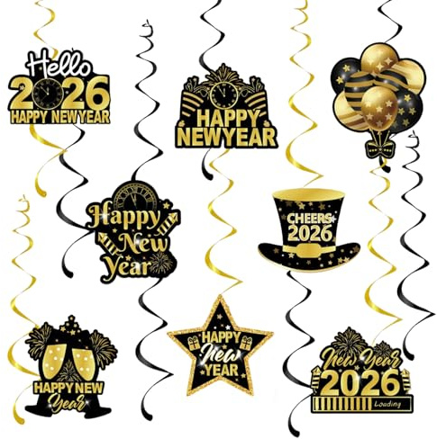 Happy New Year Hanging Swirls Streamers - 8 Pcs Black Gold New Years Eve Decorations 2026, Stars Clock Fireworks Theme Paper Photo Background, New Years Decorations Party for Indoor Outdoor