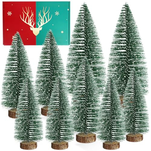 9 pcs Mini arbre de Noël Décoration Petits Sapins Verts, 3 Tailles Petit Arbre et le Sapin de Noël Artificiel Mini Arbre de Noël avec Base en Bois, Décorations de Noël pour la Table