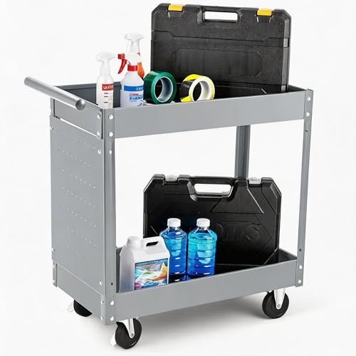 Garvee 2-Tier Rolling Tool Cart, Utility Service Cart with Pegboards, 4 Hooks, Towel Rack Handle & 4 Wheels, 150kg Capacity Heavy Duty Steel Tool Trolley for Office Garage Warehouse Workshop - Grey