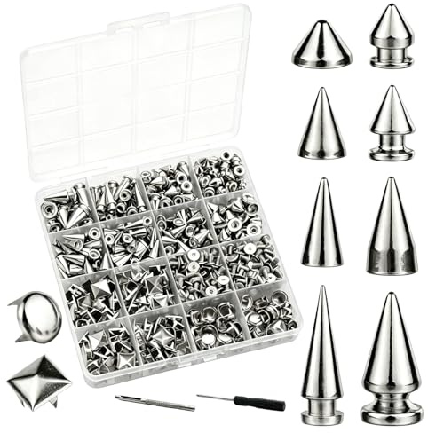 PPAAstunoras Juego de remaches de metal plateado punk cónicos, remaches asesinos para manualidades, bolsos, ropa, zapatos, cuero, punk studs para ropa, remaches de rosca para artesanía de cuero para