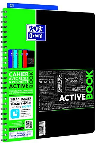 Oxford ActiveBook Cahier à Spirales Format A4+ 160 Pages Grands Carreaux Seyès Couverture Polypro Couleur Aléatoire 240 x 297