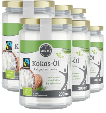 BORCHERS Kokos-Öl Bio Fairtrade 6x 200ml, kaltgepresst, nativ, als vollreifen Kokosnüssen in Bio-Qualität, 100% rein, im Glas, zum Kochen