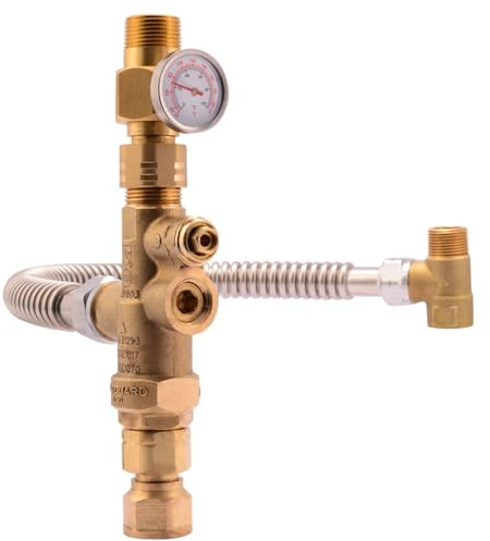 Cash Acme 3/4 Inch Tank Booster Water Heater Thermostatic Mixing Valve with Temperature Gauge and Corrugated Hose, PEX Pipe, PE-RT, CPVC, Copper, 24643