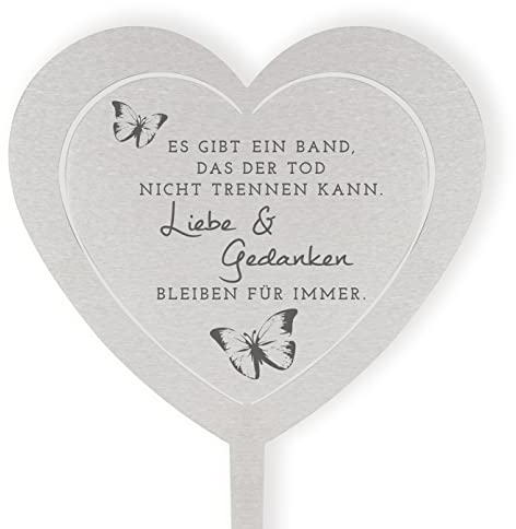 DOLORINO Grabstecker Herz 'Liebe & Gedanken' | wetterfester Edelstahl | Pflegeleichte Grabdeko | Grabherz mit Spruch | 38cm