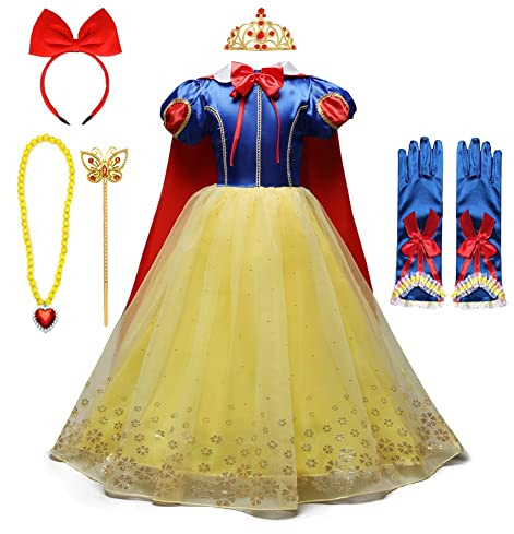 FMYFWY Biancaneve Principessa Carnevale Costumi Ragazze Natale Halloween Cosplay Vestito di Compleanno Comunione Cerimonia Pageant Festa Nozze Battesimo Abiti con Mantello Accessori 4-5 Anni