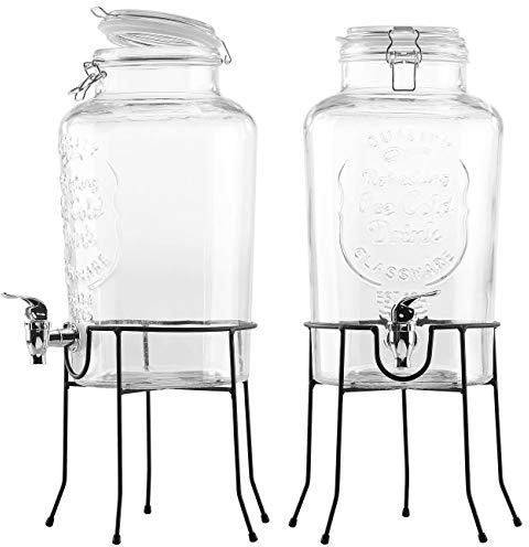 PEARL Wasserspender mit Hahn: 2er-Set Retro-Getränkespender aus Glas mit Ständer, Zapfhahn, 6, Liter (Getränkespender Wasserspender, Wasserkanister Glas mit Hahn, Eis)