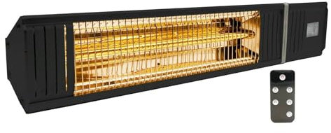 Castle Heaters 2KW Heatbeat Electric Infrared Patio Heater Built-in Bluetooth Speaker - Garden Outdoor/Indoor Water Resistant IP65 Rated - Wall Mounted - Remote Control - 24 Hour Timer (Black)