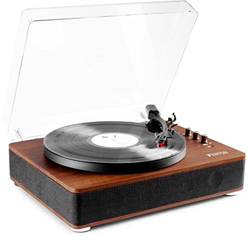 Fenton RP162D Wood Turntable Record Player with Bluetooth Output, Built-In Speakers and Vinyl Audio Transmitter, Home Audio System for Wireless Music Streaming