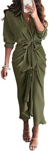 BTFBM Summer Dresses for Women 2026 Long Sleeve V Neck Button Down Elegant Belted Ruched Satin Silk Shirt Spring Dress(Army Green, Large)