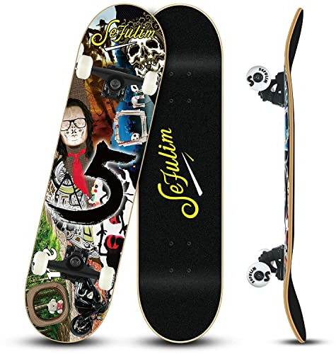 Sefulim 31 x 8 Pouces Ensemble Complet de 7 Couches érable Canadien Double kickboard concave Cruiser Stunt Skateboard pour garçon Fille Adolescent Adulte débutant