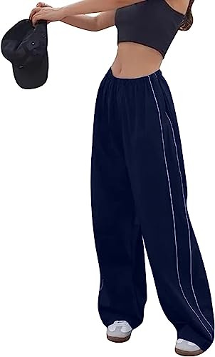 Odizli Pantalones de cintura alta Y2K estilo baggy para mujer, joggers de cargo con bolsillos, pantalones de calle de estilo streetwear, azul marino, M