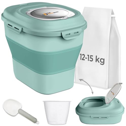 The FlexiNest Dog Food Storage Container 5kg 10kg 12kg 15kg,Airtight Food Storage Container for Pet Food, Rice, Flour, Cereal-Collapsible Dog Food Storage Bin with Sealed Lids, Wheels, Scoop and Cup