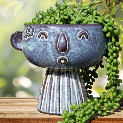 Fivepot Pflanzgefäß, Keramik, niedliches Gesicht, Blumentopfkopf, für drinnen und draußen, Ablaufloch, 17,8 x 12,7 x 15,2 cm, Hellblau