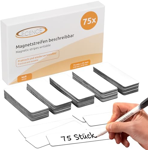 ECENCE Magnetstreifen beschreibbar 75 Stück - 75x25mm - Weiss | abwischbare Magnetschilder - Magnet-Etiketten zuschneidbar für Whiteboards, Kühlschränke, Magnettafeln