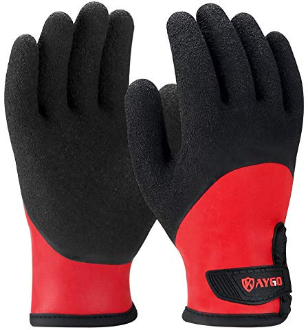 KAYGO Waterproof Thermal Work Gloves, Full Hand Latex Coated, KG140WR | Insulated Warm Liner, Ideal for Freezer Cold Weather Fishing Winter Outdoor Work (Black Red, Large)
