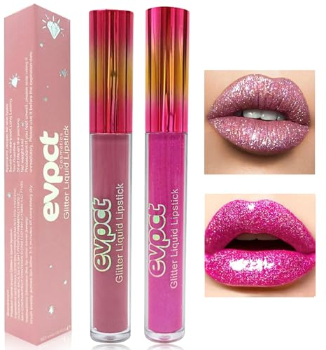Likesing 2 Pièces Lot Rouge a Levre Pailleté Longue Tenue Liquides Rouge a Levre Nude Rose Rouges à Lèvres Sans Transfert Brillant à Lèvres Rouge Lip Gloss Lipstick Kit Coffret Cadeau Femme Maquillage