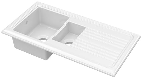Balterley Ceramic Kitchen Sink with Drainer & Overflow Hole, 101cm Bowl Inset Fireclay White Kitchen Sink, 1.5 Double Bowl Reversible Sinks with Grooved Drainer - 1010 x 525 x 235mm (White)