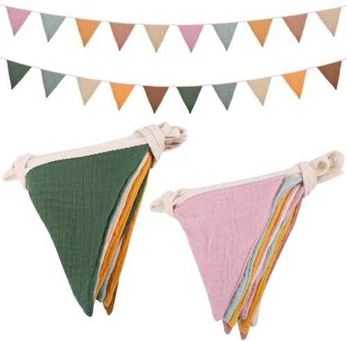 Dncvb 2Pcs Fabric Bunting Double Sided 2.6m Cotton Bunting, 100% Organic Cotton Pennant, Triangle Garland Fabric Banner for Vintage Themed Wedding Afternoon Tea Garden Party