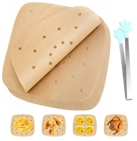 200 Hojas de Papel Absorbente de Aceite para Freidora de Aire, 1 Pinza, Papel de Horno Cuadrado