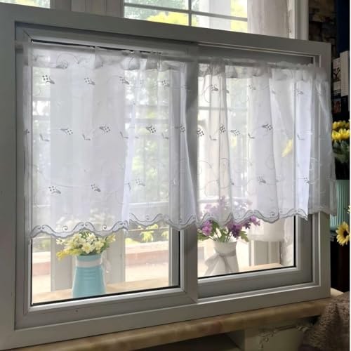 Vordesack Voile Küchengardine mit leichtem Glanz Zarte Stickerei Blumen transaprente Scheibengardine mit Stangendurchzug 1 Stück Weiß HxB 40x70cm