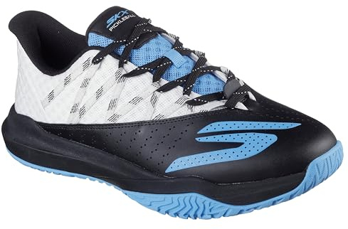 Skechers Viper Court Rally - Tenis para Hombre, Piel Blanca/Cuero Negro/Malla Azul, Talla 9, Cuero Blanco, Negro, Malla Azul, 43 EU