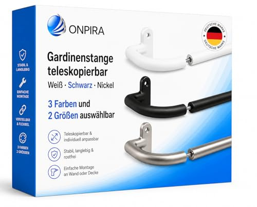 ONPIRA® Gardinenstange Schwarz ausziehbar für Verdunkelungsvorhänge in 3 Farben und 2 Größen auswählbar Raumabdunkelung Vorhangstange Fenster Wandmontage Teleskopstange (Schwarz, 120-230cm)