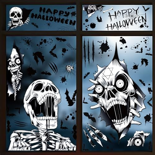 Halloween Decorations Window Stickers, 98pcs Halloween Window Stickers with Skeleton, Bat, Spider Webs, 9 Sheets Window Clings for Window Decorations Indoor Party