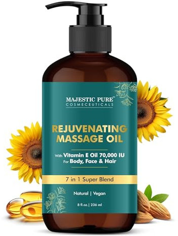 Majestic Pure Vitamin E 70k Blend Massage Oil with Sweet Almond, Jojoba, Argan, Avocado | Invigorating, Refreshing, and Relaxing | for All Skin Types - Men and Women | 8 Fl Oz