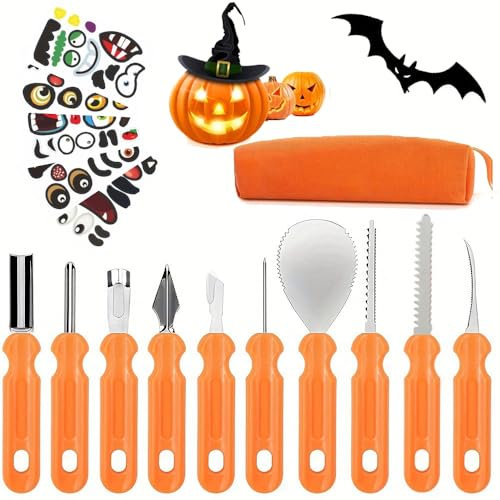 AndCarrotoy Halloween Kürbis Schnitzset, 16 Stück Professionelle Schnitzwerkzeug Kürbis Set mit Tragetasche und 5 PCS Kürbis DIY Halloween Dekoration Aufkleber Kinder und Erwachsene