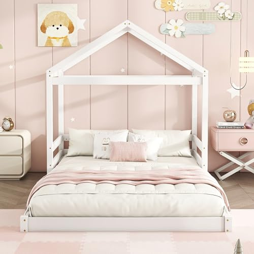 Jovify Kinderbett 140x200 cm Bodentief Hausbett, Montessori Bodenbett mit Rausfallschutz und Lattenrost, Jugendbett Doppelbett Flachbetten Bettgestell Baumhaus Bett, Kiefernholz, ohne Matratze, Weiß