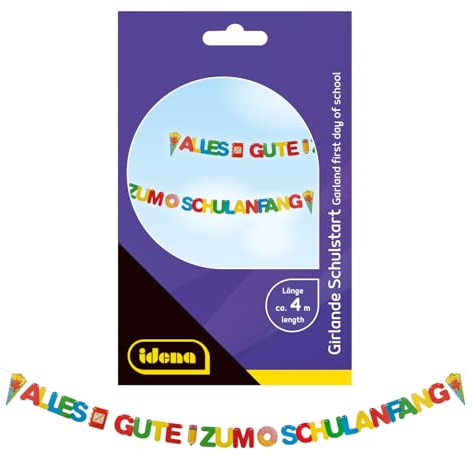 Idena 30418 - Girlande für den Schulstart, ca. 4 m lang, bunte Papiergirlande mit Buchstaben und Zuckertüten, Deko zur Einschulung