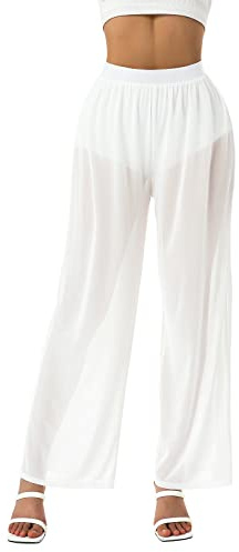 Pantaloni trasparenti da donna, in tessuto a rete, per l'estate, ampi, da spiaggia, bikini, copertura inferiore, bianco, S