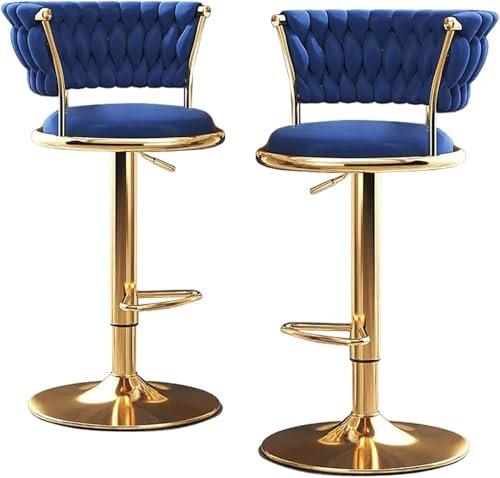 Moderner verstellbarer Drehhocker aus blauem Samt, 2 Stück, Barhöhe, Stühle mit Rückenlehne, für Zuhause, Bar, Küche, Insel, Esszimmer