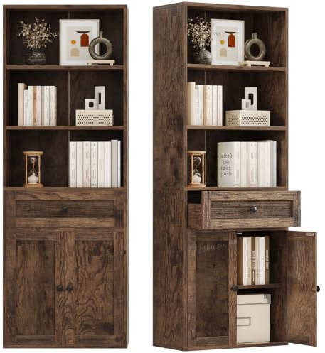 Coleshome 5-Tier Bookcase with Doors and Cabinet, Bookshelf Floor Standing Display Storage Shelf, Tall Bookcase with drawers for Home, Office, Living Room, Bedroom, Rustic Brown, 48 x 24 x 164.2