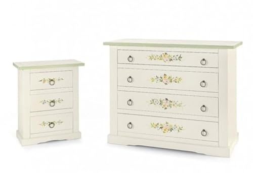 Vicentini arreda GRUPPO 1 COMO TOSCANO IN LEGNO E 2 COMODINI IN LEGNO SHABBY CHIC BIANCO DECORATO A MANO FILO VERDE
