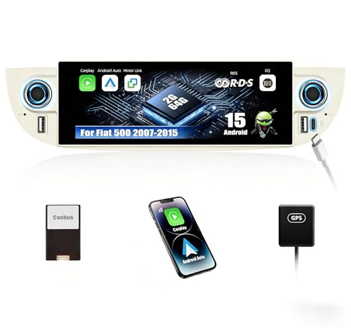 SIXWIN 2GB+64GB Android 15 Autoradio per Fiat 500 2007-2015 con CarPlay/Android Auto/Mirror Link,6.86 HD Pollici Fiat 500 Schermo Navigatore WiFi Bluetooth FM RDS 2USB Type-C