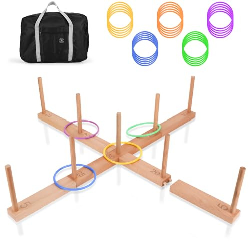 Wooden Ring Toss Set with 30 Rings & 9 Poles, Giant Quoits Game for Garden Lawn, Outdoor Toss Set with Carry Bag for BBQ, Camping & Parties