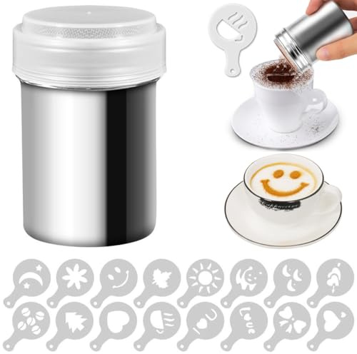 Chocolate Shaker Stainless Steel Duster Dredges Cans Coffee Sprinkles Powder Set Cocoa Cinnamon Powder Can with 16 Coffee Molds Stencils for Kitchen Baking Cooking Cappuccino Coffee Latte Coffee