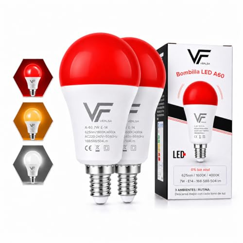 VERLSA Pack2 Lampadina Luce Rossa Terapia Notturna - E14-7w Con 3 Tonalità - Lampada Notturna Rossa Melatonina 625nm, Ambra 1600k E Neutra 4000k - Luce Notturna Bilancia Il Ritmo Circadiano