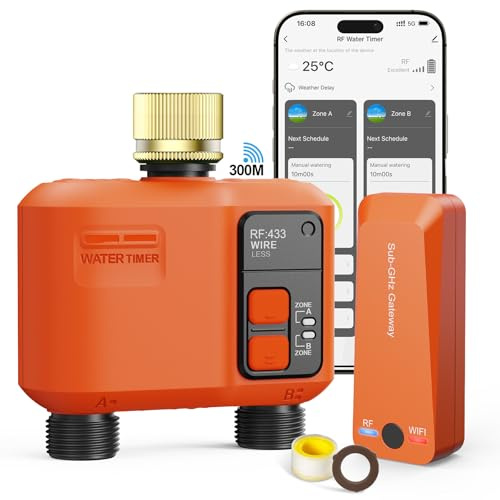 Smart WiFi-bevattningsprogrammerare 2 utgångar koppar med 300 meter RF, WiFi supertäckning, trädgårdsbevattningssystem med regnfördröjning, app- och röststyrning, automatisk timer
